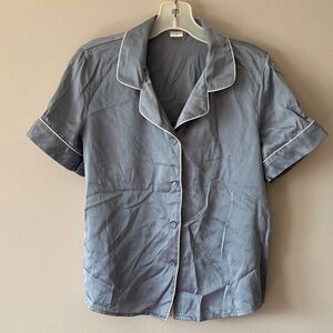 Blue Gray Short-Sleeve Button-Up pajamas with White Piping